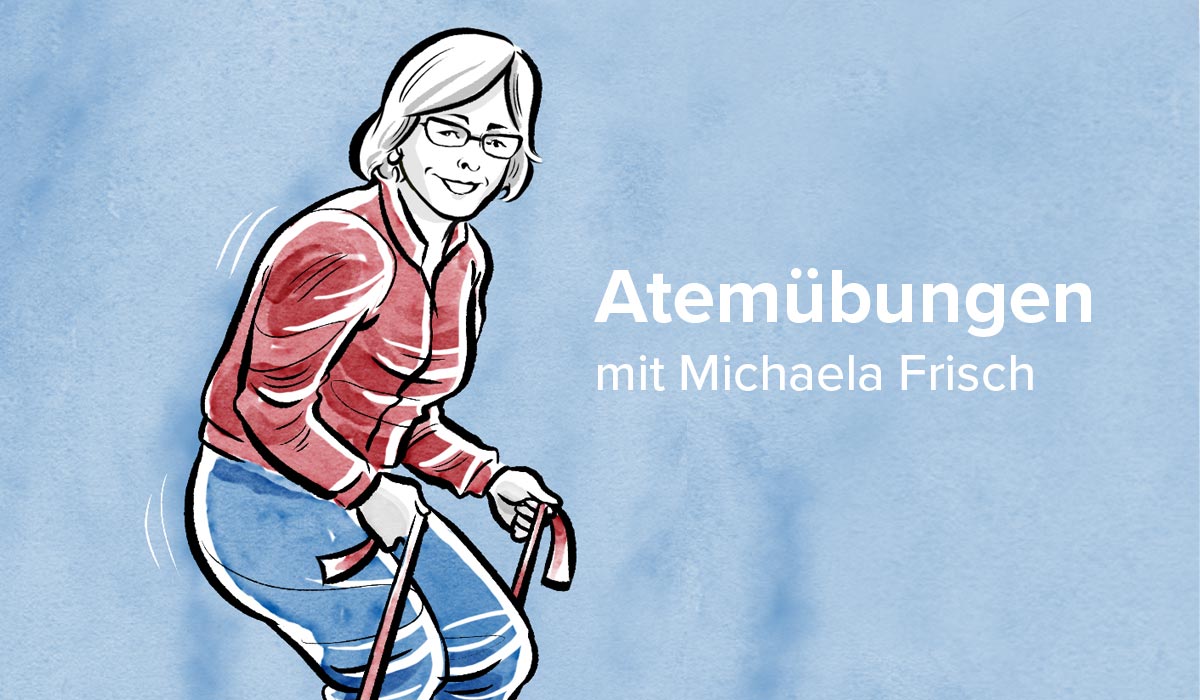 Illustration einer älteren Frau mit Stock, lächelnd, mit Text: Atemübungen mit Michaela Frisch.