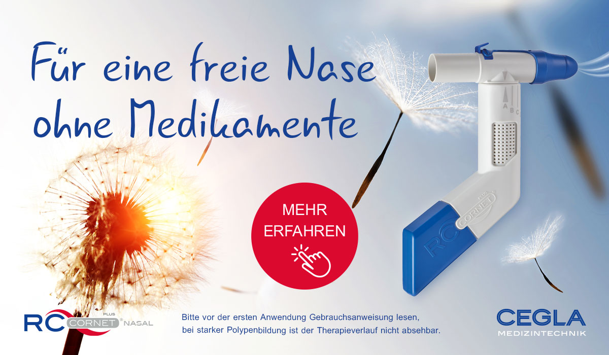 Ein RC-CORNET® PLUS mit Löwenzahn und deutschem Text, das für eine medikamentenfreie Linderung von Nasenbeschwerden wirbt.