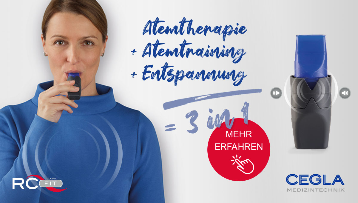 Frau in Blau verwendet ein RC-FIT®; deutscher Text bewirbt es als 3-in-1 für Therapie, Training und Entspannung.