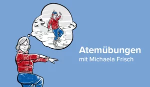 Abbildung einer Frau, die Atemübungen macht und daran denkt, sie im Freien in schneebedeckten Bergen durchzuführen.