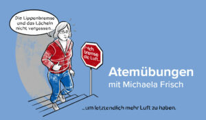 Illustration einer Frau, die eine Treppe hinaufgeht und über Atemübungen nachdenkt, mit deutschem Text über Atemtechniken.