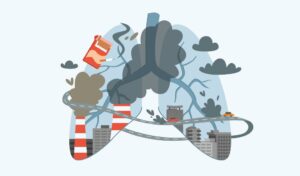 Illustration von mit Schadstoffen gefüllten Lungen, Fabriken, Autos, Rauch, Gebäuden und einer Zigarette.